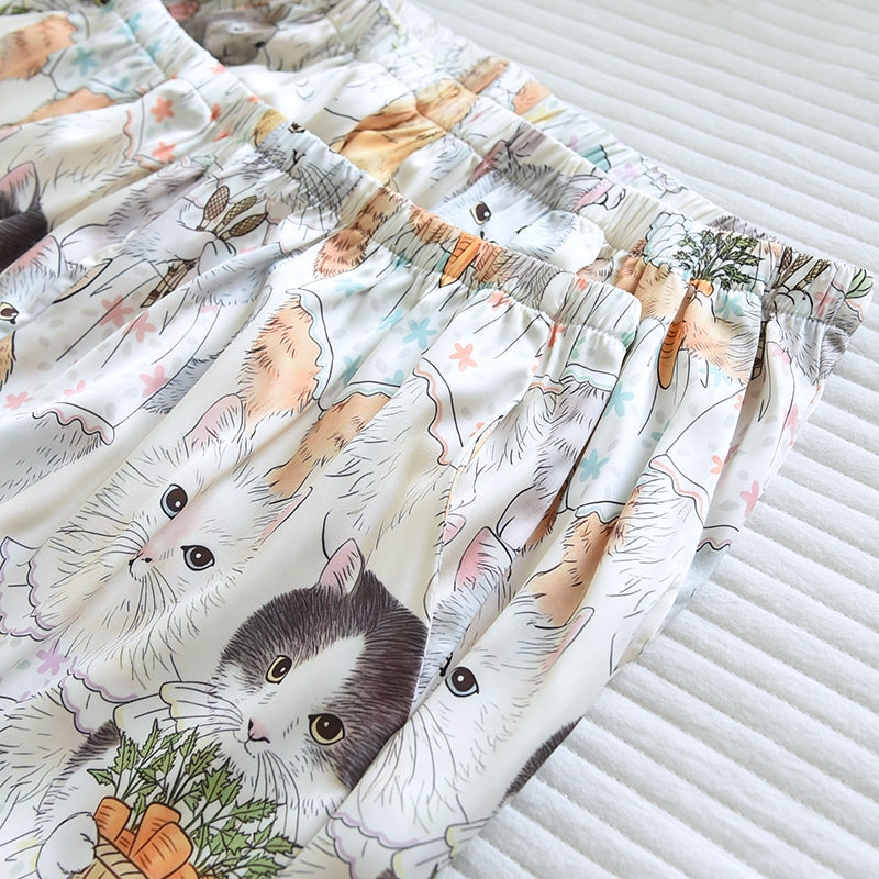 ชุดนอน Muslin Pajamas Silk Satin รุ่น Bunny&Kitty Bloom (W2164 V2164) |ชุดนอนชุดเที่ยว,ชุดนอนผู้หญิง