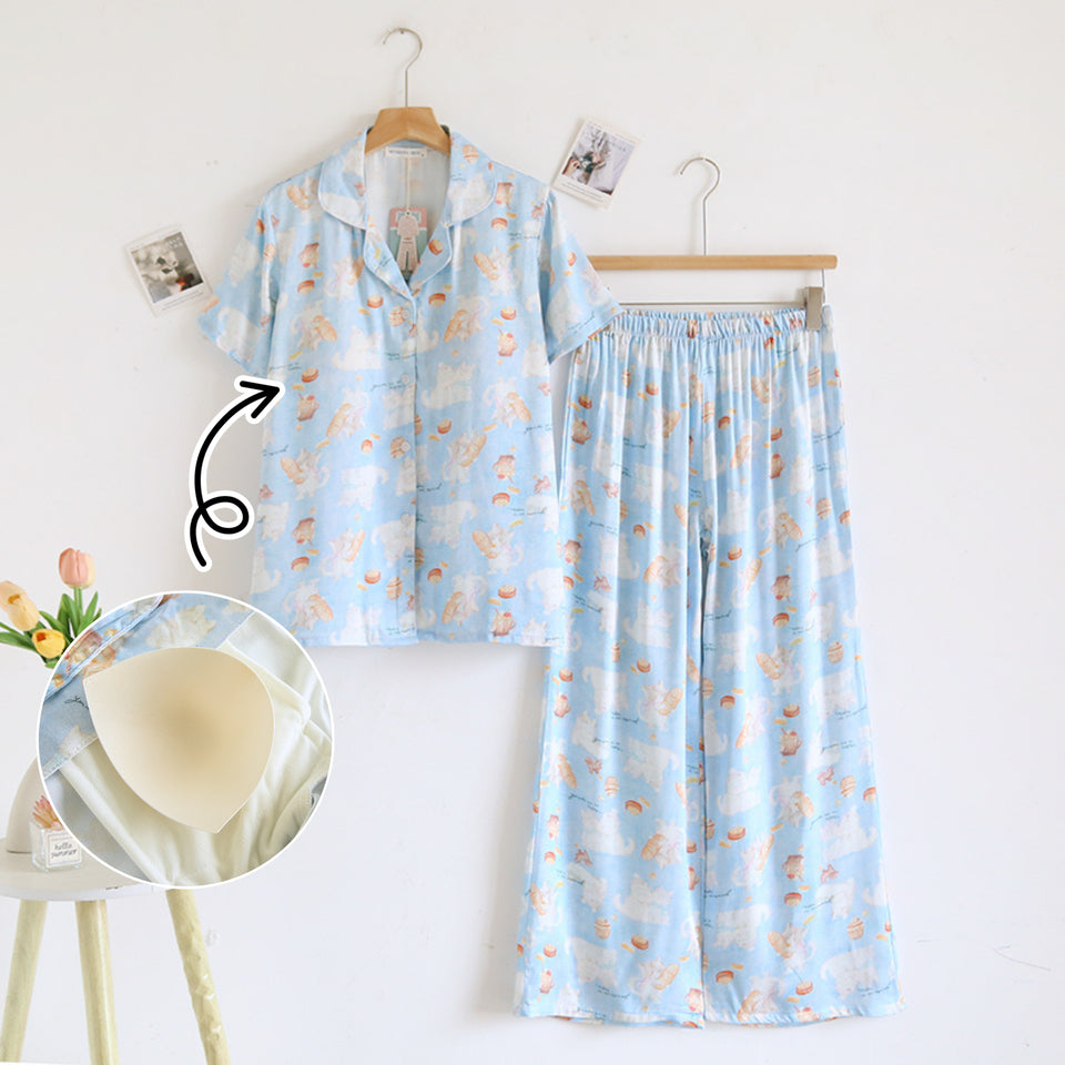 ชุดนอน Muslin Pajamas Organic bamboo รุ่นPony Cafe(A1038 E1038 B1038)|ชุดนอนมีบราในตัว,ชุดนอนผู้หญิง