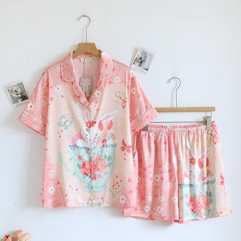 ชุดนอน Muslin Pajamas Silk Satin รุ่น Sweet Rabbit Cafe (N2153 T2153) | ชุดนอนผู้หญิง