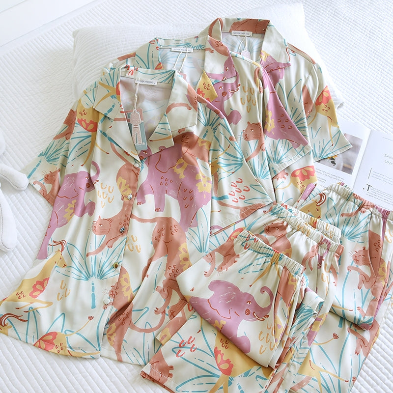 ชุดนอน Muslin Pajamas Silk Satin รุ่นHappy Safari(N5135 T5135 L5135)|ชุดนอนผู้หญิง,ชุดนอนชุดเที่ยว