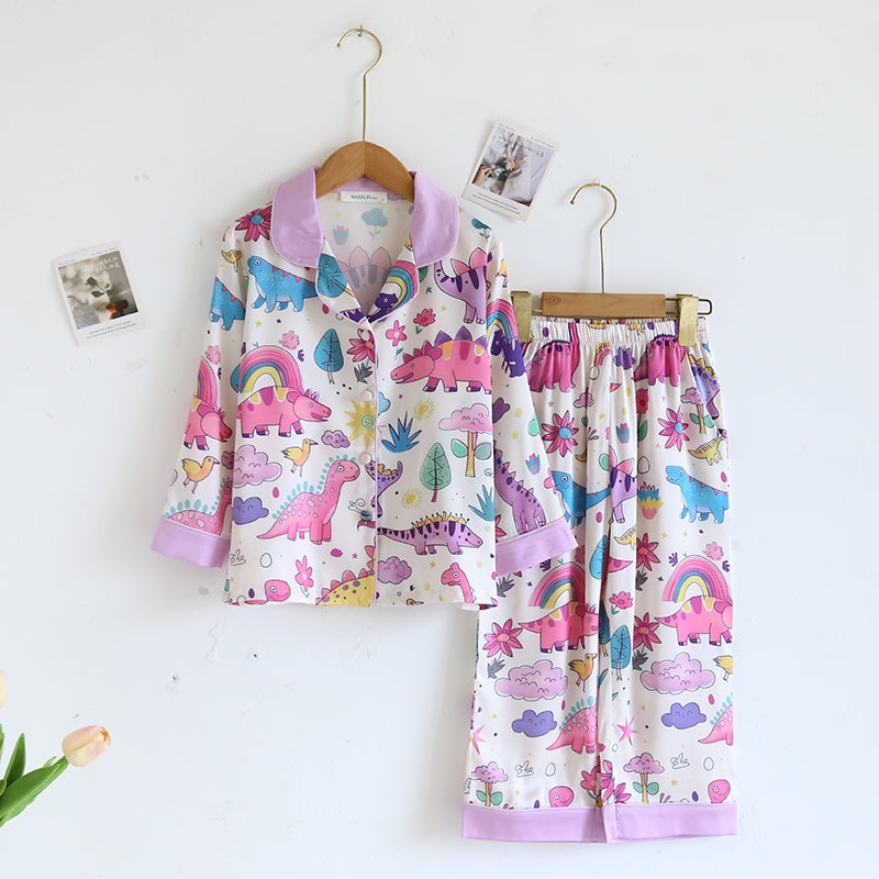 ชุดนอนMuslin Pajamas Silk Satin รุ่น Sweety Dino (T5130 N5130 M5130) | ชุดนอนแม่ลูก,ชุดนอนเด็ก