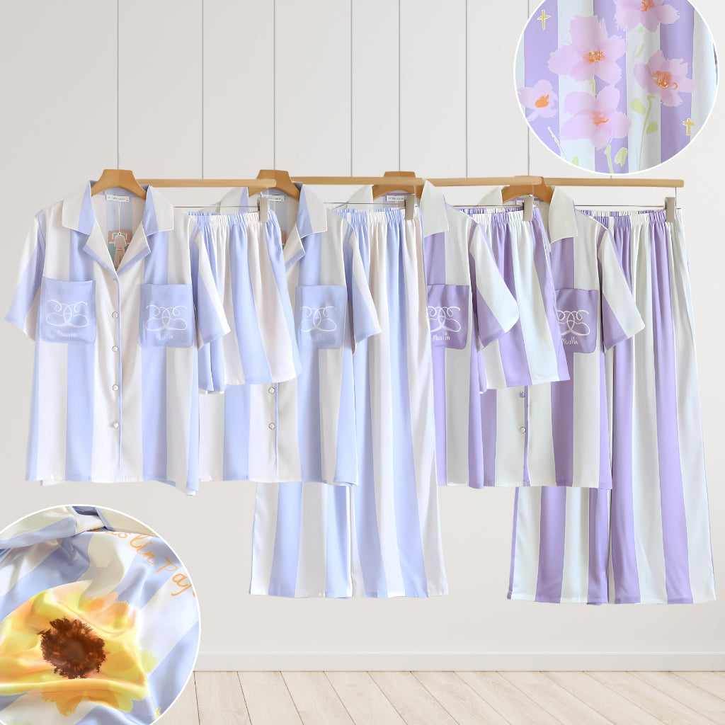 ชุดนอน Muslin Pajamas Silk Satin รุ่นViolet Lines,Jordy Blue (N5133 T5133 N5134 T5134)|ชุดนอนผู้หญิง