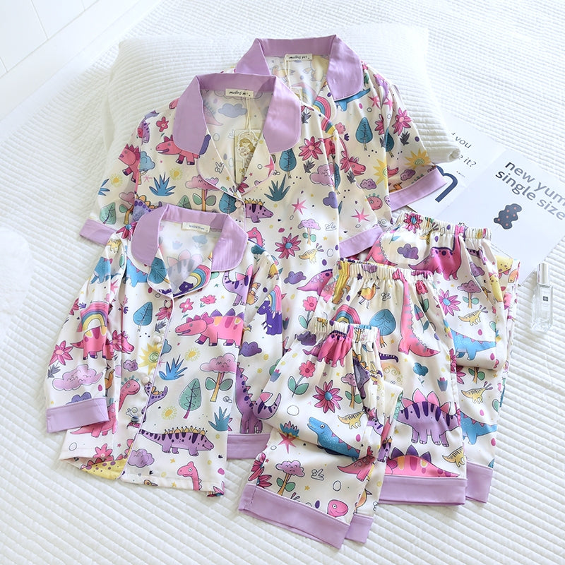 ชุดนอนMuslin Pajamas Silk Satin รุ่น Sweety Dino (T5130 N5130 M5130) | ชุดนอนแม่ลูก,ชุดนอนเด็ก