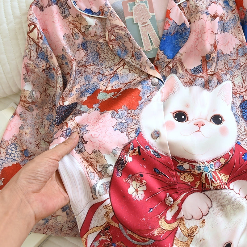 ชุดนอน Muslin Pajamas Silk Satin รุ่น Cat of the Blossom Realm (W2188 V2188) | ชุดนอนชุดเที่ยว