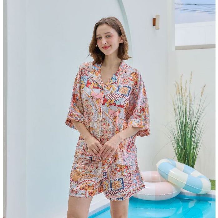 ชุดนอน Muslin Pajamas Silk Satin รุ่น Golden Mosaic (W2181 V2181) | ชุดนอนชุดเที่ยว,ชุดนอนผู้หญิง