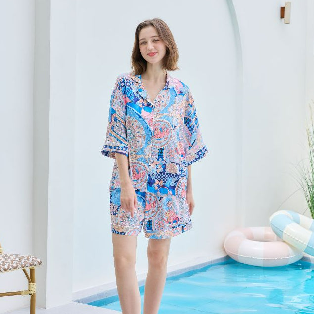 ชุดนอน Muslin Pajamas Silk Satin รุ่น Ocean Mosaic (W2182 V2182) | ชุดนอนชุดเที่ยว,ชุดนอนผู้หญิง