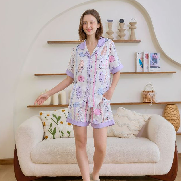 ชุดนอน Muslin Pajamas Silk Satin รุ่น Pastel Purr (N5147 T5147) | ชุดนอนผู้หญิง