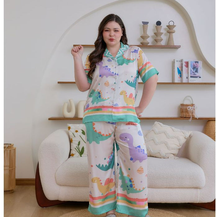 ชุดนอน Muslin Pajamas Silk Satin รุ่น Happy dino Pastel(N5150 T5150 M5150) | ชุดนอนแม่ลูก,ชุดผู้หญิง