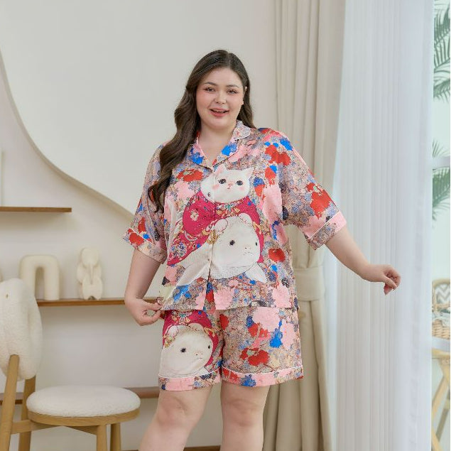 ชุดนอน Muslin Pajamas Silk Satin รุ่น Cat of the Blossom Realm (W2188 V2188) | ชุดนอนชุดเที่ยว