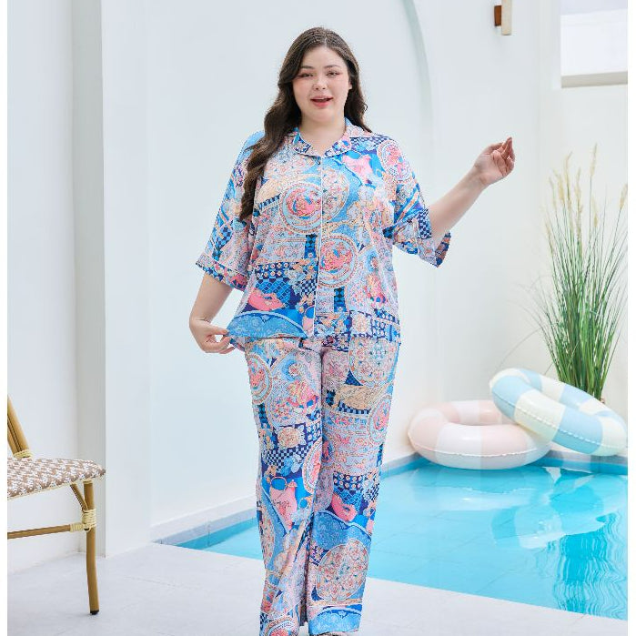 ชุดนอน Muslin Pajamas Silk Satin รุ่น Ocean Mosaic (W2182 V2182) | ชุดนอนชุดเที่ยว,ชุดนอนผู้หญิง