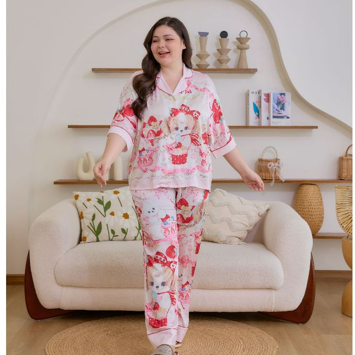ชุดนอน Muslin Pajamas Silk Satin รุ่น Sweet Berry Bear (W2191 V2191) | ชุดนอนผู้หญิง