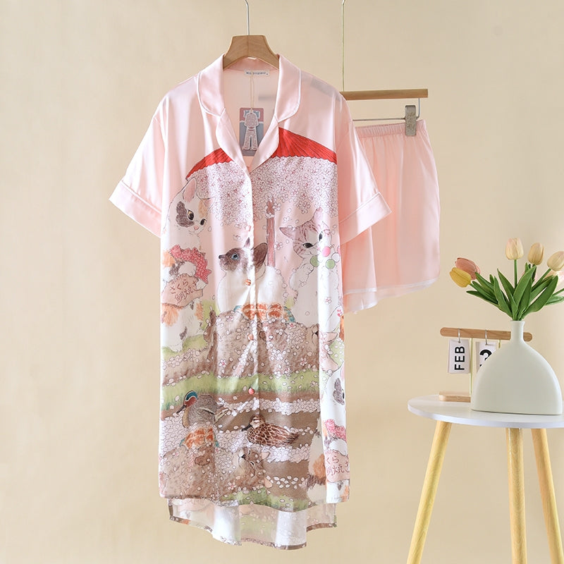 ชุดนอน Muslin Pajamas Silk Satin รุ่น Sakura Whiskers (W2194 V2194 K2194) | ชุดนอนผู้หญิง