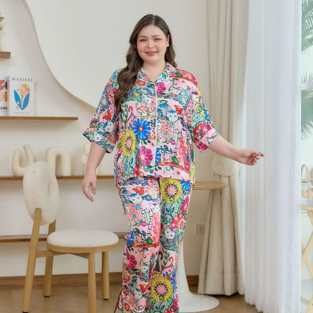 ชุดนอน Muslin Pajamas Silk Satin รุ่น Garden Cats (W2185 V2185) | ชุดนอนชุดเที่ยว,ชุดผู้หญิง