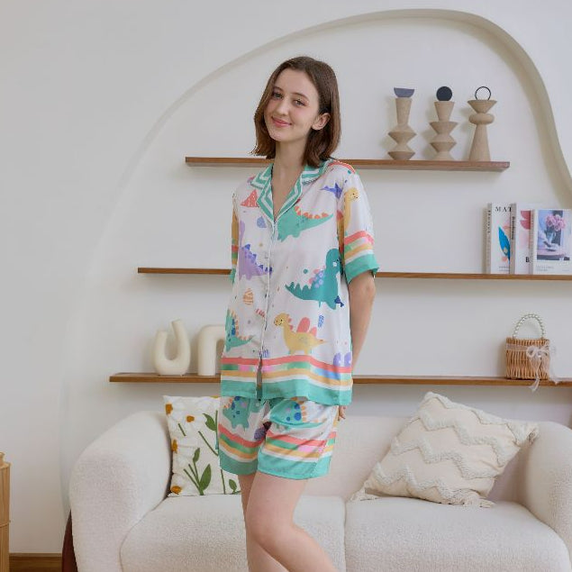 ชุดนอน Muslin Pajamas Silk Satin รุ่น Happy dino Pastel(N5150 T5150 M5150) | ชุดนอนแม่ลูก,ชุดผู้หญิง