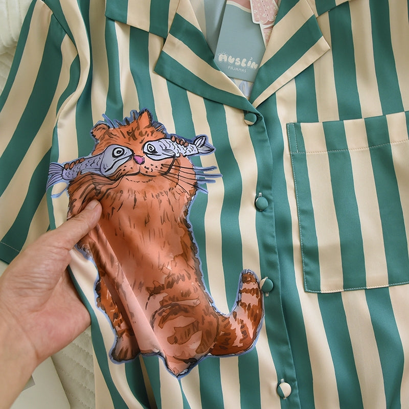 ชุดนอน Muslin Pajamas Silk Satin รุ่น Fishy Feline (N5169 T5169) | ชุดนอนผู้หญิง