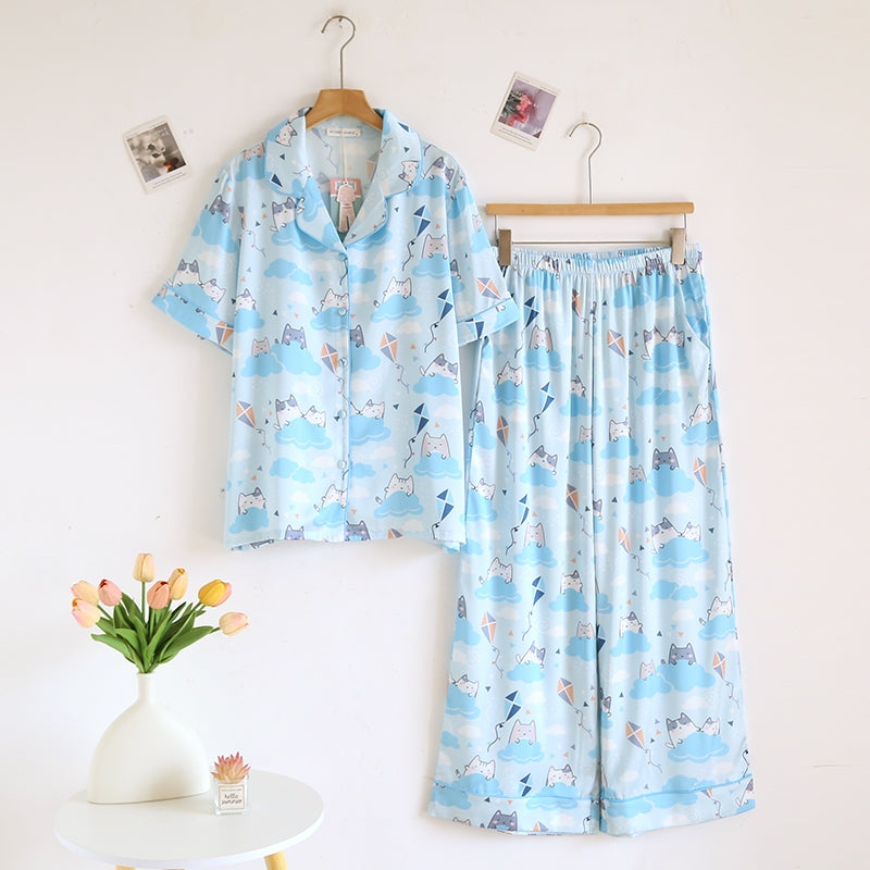 ชุดนอน Muslin Pajamas Silk Satin รุ่น Cloudy Cats (N5170 T5170) | ชุดนอนผู้หญิง