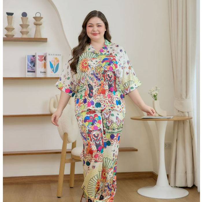ชุดนอน Muslin Pajamas Silk Satin รุ่น Lucky Cat of Brightness (W2177 V2177) | ชุดนอนชุดเที่ยว