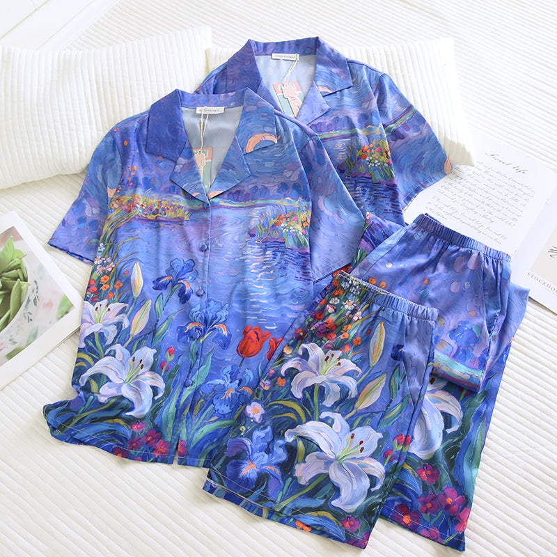 ชุดนอน Muslin Pajamas Silk Satin รุ่น Garden of Monet (N5168 T5168) | ชุดนอนชุดเที่ยว