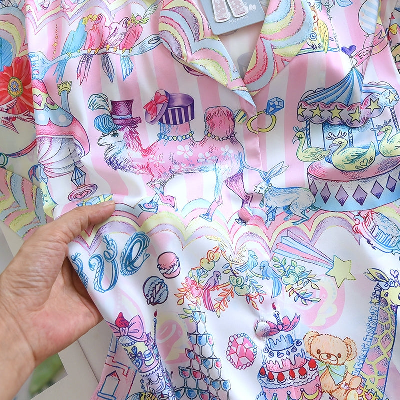 ชุดนอน Muslin Pajamas Silk Satin รุ่น Magical Zoo Fair (N2190 T2190) | ชุดนอนชุดเที่ยว,ชุดผู้หญิง