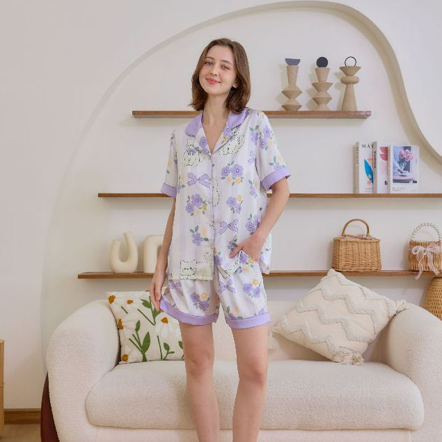 ชุดนอน Muslin Pajamas Silk Satin รุ่น Kitty Lavender (N5161 T5161 K5161) | ชุดนอนผู้หญิง