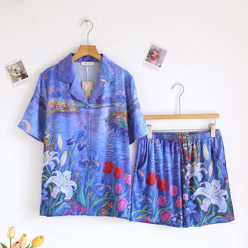 ชุดนอน Muslin Pajamas Silk Satin รุ่น Garden of Monet (N5168 T5168) | ชุดนอนชุดเที่ยว