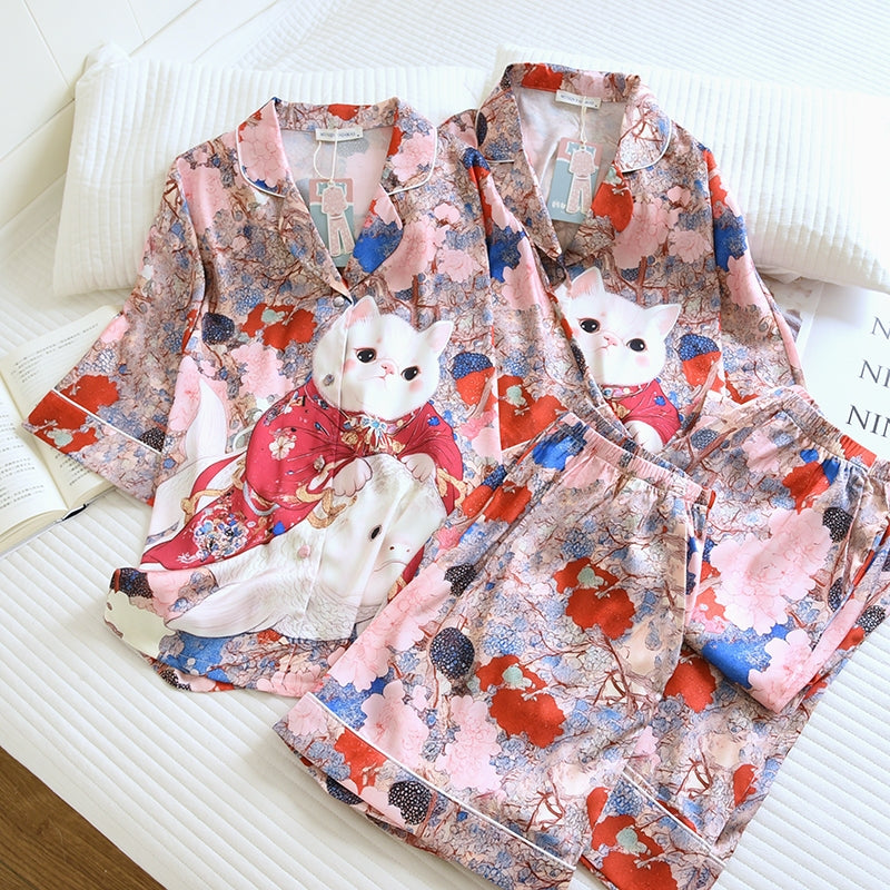 ชุดนอน Muslin Pajamas Silk Satin รุ่น Cat of the Blossom Realm (W2188 V2188) | ชุดนอนชุดเที่ยว