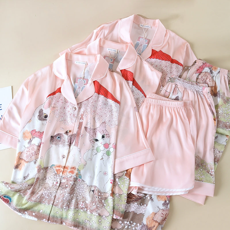 ชุดนอน Muslin Pajamas Silk Satin รุ่น Sakura Whiskers (W2194 V2194 K2194) | ชุดนอนผู้หญิง