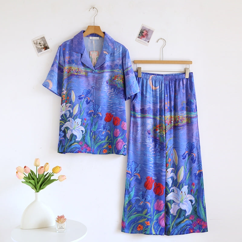 ชุดนอน Muslin Pajamas Silk Satin รุ่น Garden of Monet (N5168 T5168) | ชุดนอนชุดเที่ยว