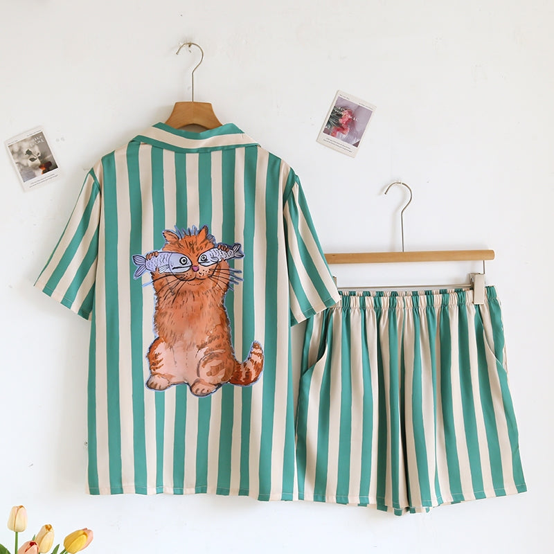 ชุดนอน Muslin Pajamas Silk Satin รุ่น Fishy Feline (N5169 T5169) | ชุดนอนผู้หญิง