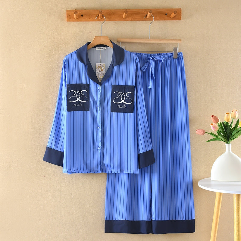 ชุดนอน Muslin Pajamas Silk Satin รุ่น Elegant Stripes (N3307 T3307 P3307) | ชุดนอนผู้หญิง