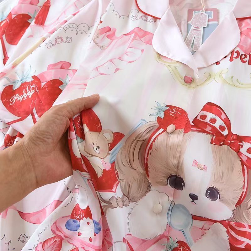 ชุดนอน Muslin Pajamas Silk Satin รุ่น Sweet Berry Bear (W2191 V2191) | ชุดนอนผู้หญิง