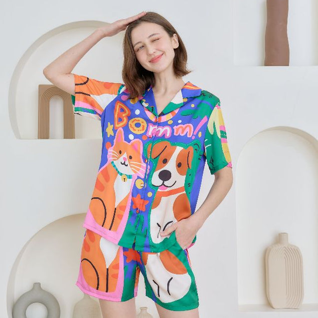 ชุดนอน Muslin Pajamas Silk Satin รุ่น Bright Buddy Boom (N5149 T5149) | ชุดนอนชุดเที่ยว,ชุดผู้หญิง