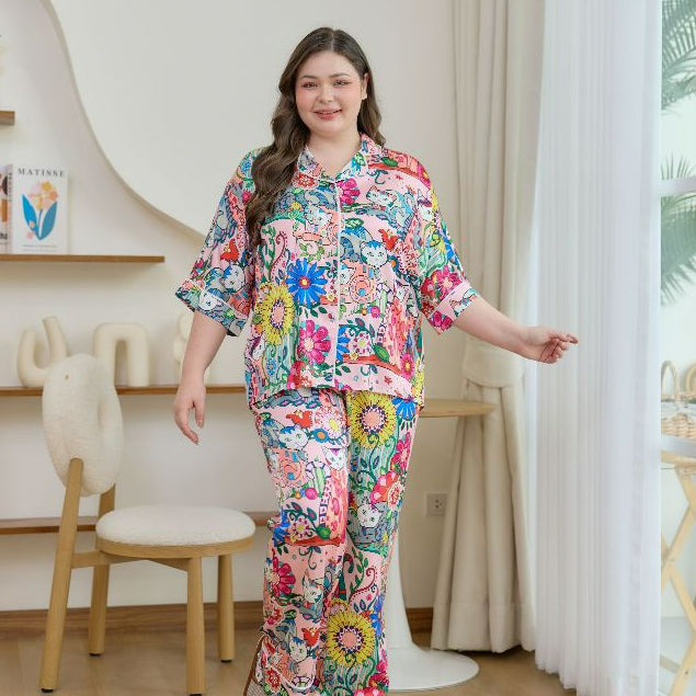 ชุดนอน Muslin Pajamas Silk Satin รุ่น Garden Cats (W2185 V2185) | ชุดนอนชุดเที่ยว,ชุดผู้หญิง