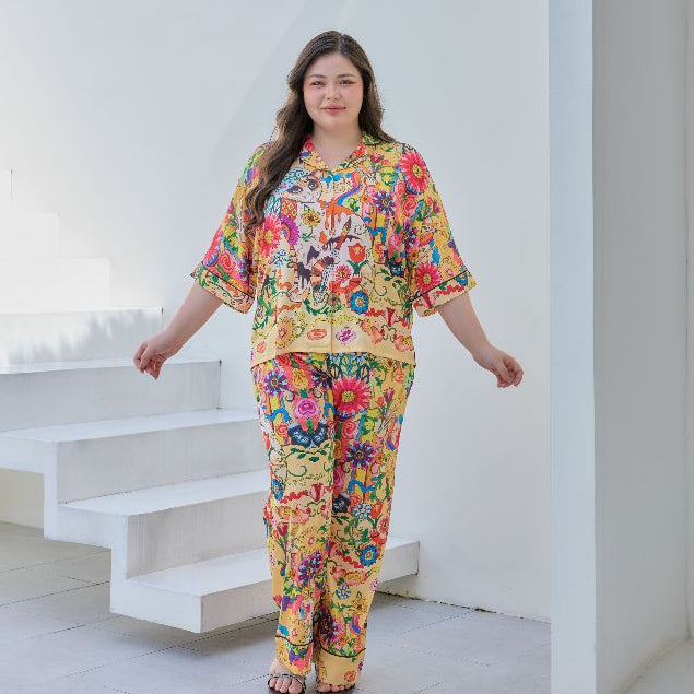 ชุดนอน Muslin Pajamas Silk Satin รุ่น Vintage golden cat (W2178 V2178) | ชุดนอนชุดเที่ยว