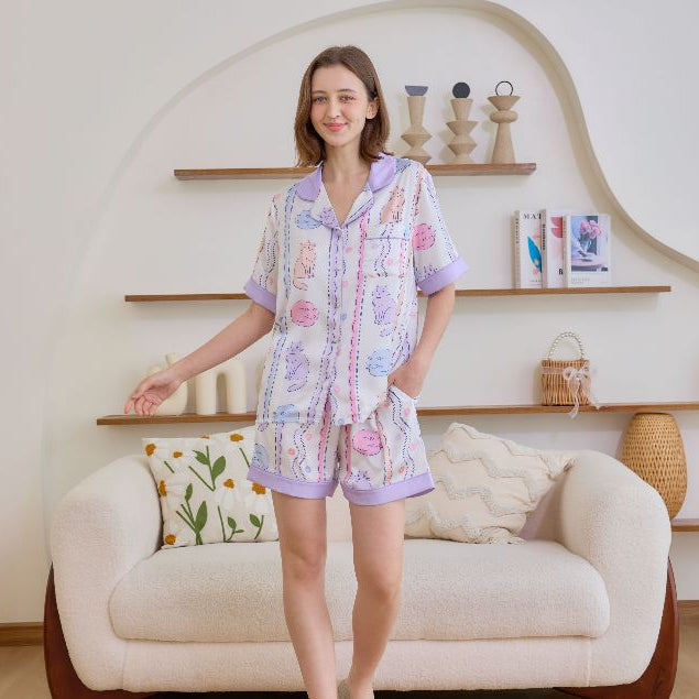 ชุดนอน Muslin Pajamas Silk Satin รุ่น Pastel Purr (N5147 T5147) | ชุดนอนผู้หญิง