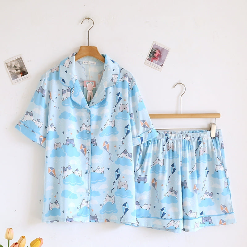 ชุดนอน Muslin Pajamas Silk Satin รุ่น Cloudy Cats (N5170 T5170) | ชุดนอนผู้หญิง