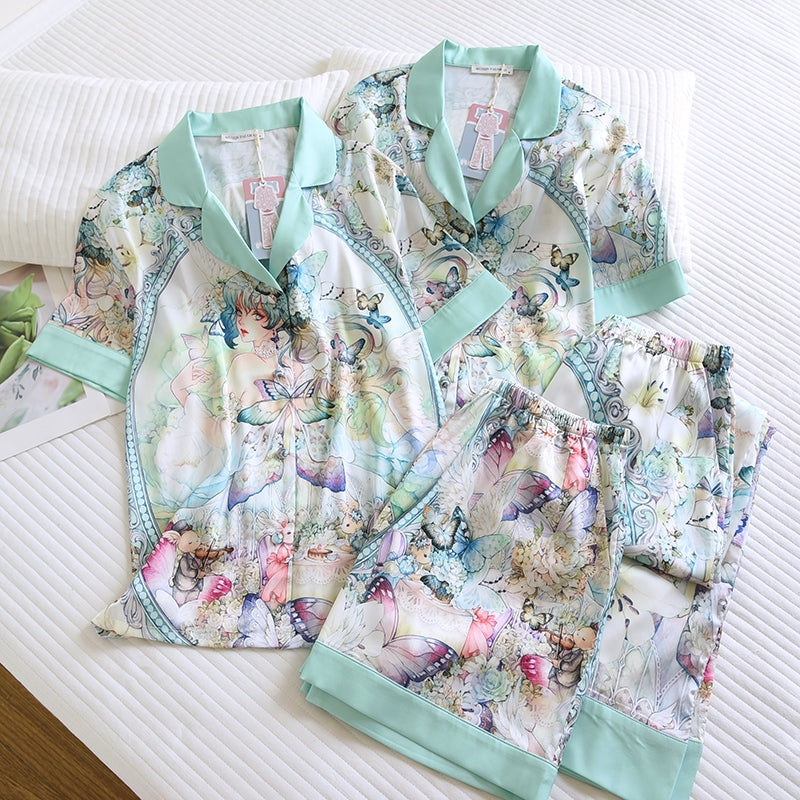 ชุดนอน Muslin Pajamas Silk Satin รุ่น Butterfly Garden Muse (N2193 T2193) | ชุดนอนผู้หญิง