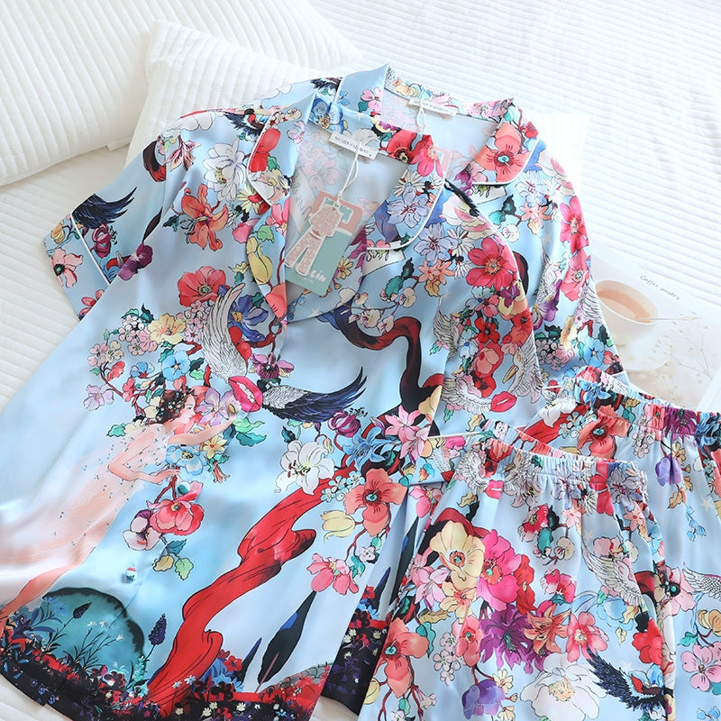 ชุดนอน Muslin Pajamas Silk Satin รุ่น Floral Muse (N2187 T2187) | ชุดนอนชุดเที่ยว ชุดนอนผู้หญิง