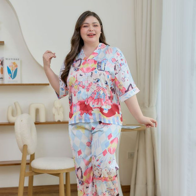 ชุดนอน Muslin Pajamas Silk Satin รุ่นWhimsical Kitty Show(W2157 V2157)|ชุดนอนผู้หญิง,ชุดนอนชุดเที่ยว