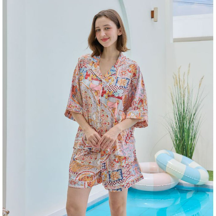 ชุดนอน Muslin Pajamas Silk Satin รุ่น Golden Mosaic (W2181 V2181) | ชุดนอนชุดเที่ยว,ชุดนอนผู้หญิง