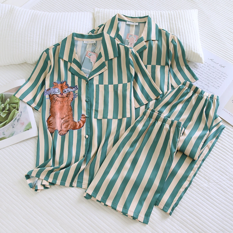 ชุดนอน Muslin Pajamas Silk Satin รุ่น Fishy Feline (N5169 T5169) | ชุดนอนผู้หญิง